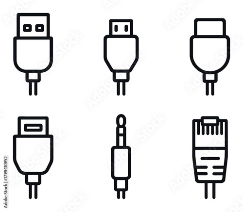 Various cable connector icons on dark background: usb, hdmi, ethernet, and more