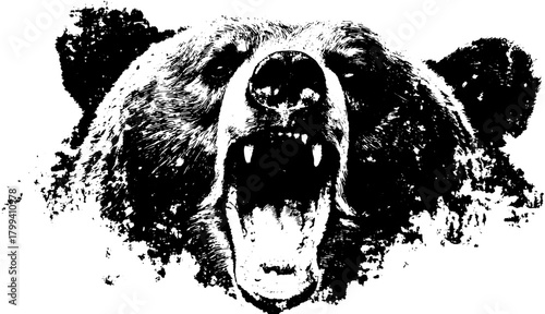 Bear's head roaring with bold black graphics. A striking vector illustration depicting wildlife in monochrome.