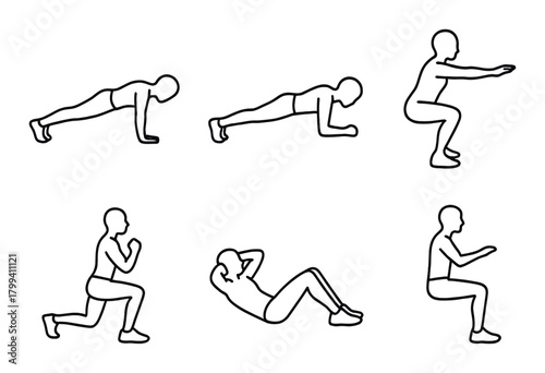 Silhouette workout poses: planks, squats, lunges, crunches for fitness enthusiasts