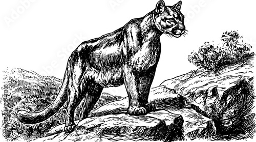 Puma in vintage outline style. Black and white vector illustration showcasing a majestic animal in a natural environment, standing on rocks.