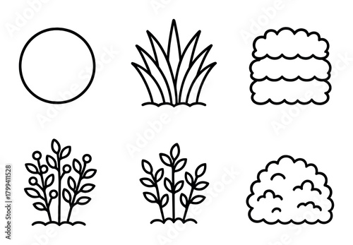 Black silhouette symbols of sun, grass, clouds, and bushes on dark background