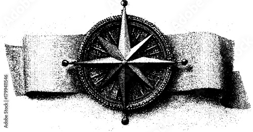 Vintage compass engraving in black outline style. Detailed vector illustration representing navigation and exploration in a decorative design.