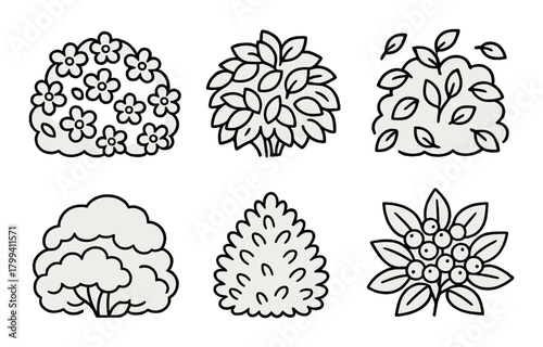 Collection of six stylized shrub and bush icons with floral and foliage designs
