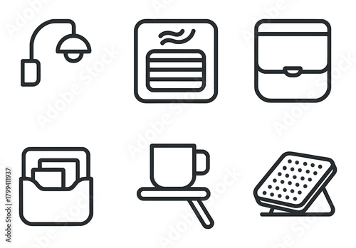 Minimalist household icons: lamp, oven, backpack, files, coffee, grater illustrations
