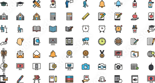 Pixel art icons representing education learning and academic achievements