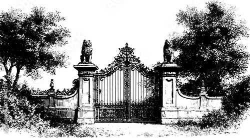 Ornate iron gate with lion statues on pillars, surrounded by trees. Vintage victorian entrance in black and white vector illustration.
