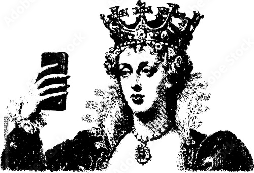 Antique silhouette of a queen taking a selfie. Hand-drawn vector illustration showcasing elegance and style in a vintage design.