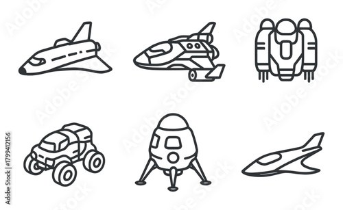 Futuristic spacecraft and vehicles silhouettes on metallic background