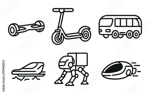 Futuristic transport icons: hoverboard, scooter, bus, train, walker, pod