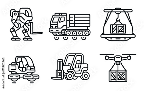 Futuristic robotics and machinery icons featuring drones and vehicles