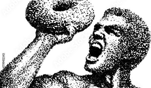 Man holding a donut in silhouette style. A vintage engraving vector illustration showcasing the figure in black line art.