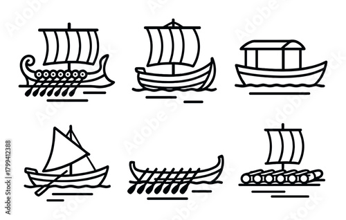 Collection of iconic ancient boats and ships designs