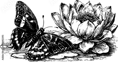 Black and white outline vector illustration of a butterfly and lotus flower. This detailed drawing captures the natural beauty in a vintage style.