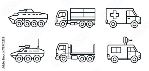 Military and emergency vehicle icons set on gradient background