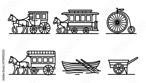 Vintage transportation: horse carriages, penny farthing, rowboat, handcart