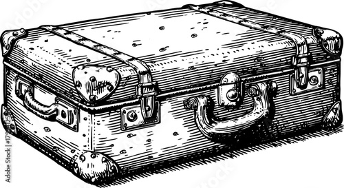 Vintage suitcase with handle and reinforced corners. Black and white detailed vector illustration with classic textured sketch style.
