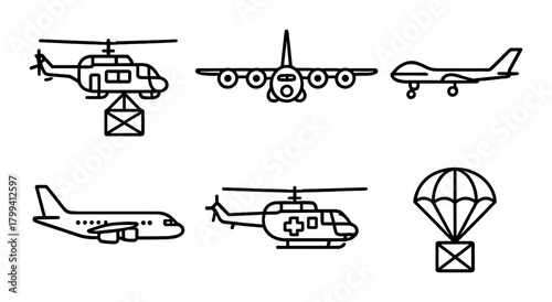 Black silhouette icons of various aircrafts and parachute on gradient background
