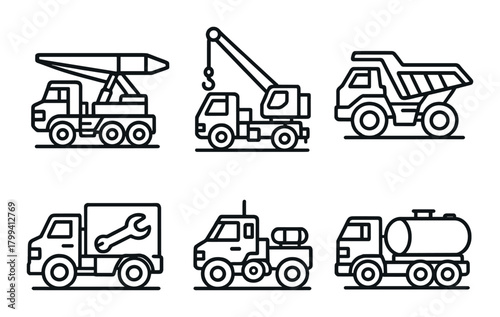 Monochrome construction vehicles icons on dark background