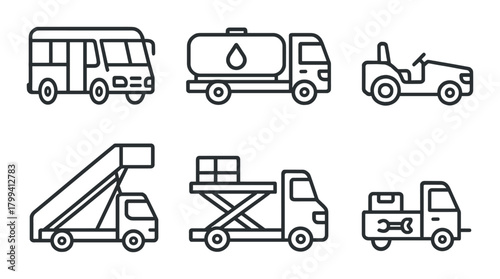 Outline icons of airport vehicles on dark background