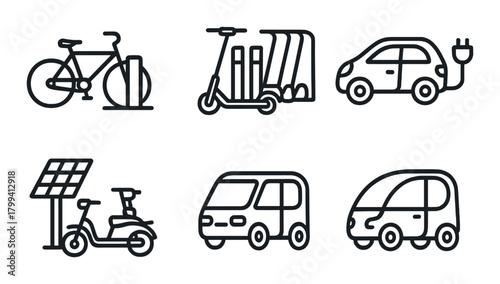 Sustainable urban transport icons: electric bikes, scooters, cars, and solar panels