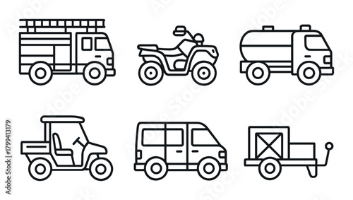 Collection of outline icons of utility and emergency vehicles