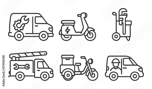 Vector outlined service vehicles and tools representing various delivery and repair services
