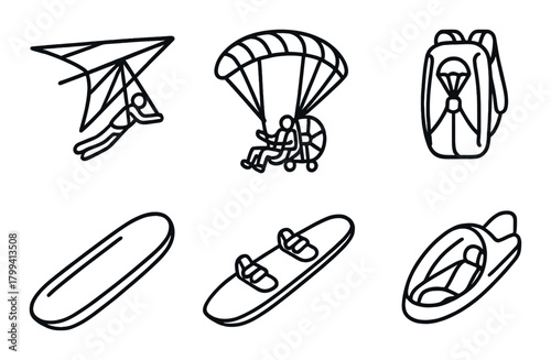 Outdoor adventure icons: hang gliding, paragliding, backpacking, surfing, skateboarding, canoeing