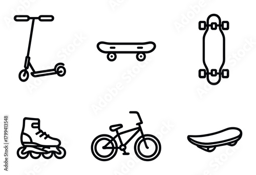 Monochrome icons of various wheeled transportation devices
