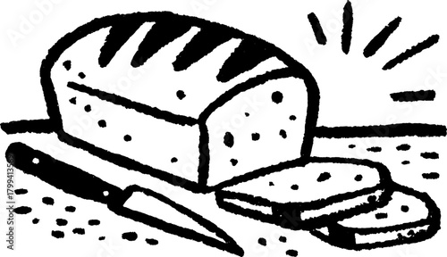 Bread loaf and slices in black and white. Simple vector illustration set depicting kitchen baking elements.