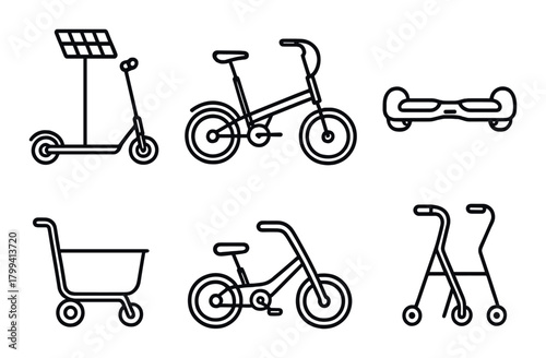 Sustainable urban mobility: e-scooter, bicycle, and hoverboard icons