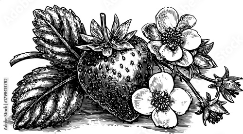 Black and white outline illustration of a strawberry with flowers and leaves. Vintage vector artwork for decorative purposes.