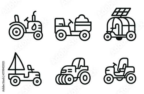 Outline icons of various agriculture and work vehicles on gradient background