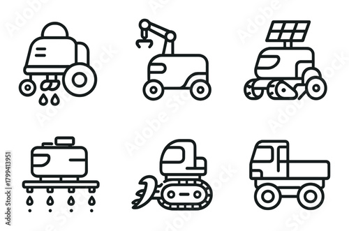 Futuristic robotic farming equipment icons for advanced agriculture