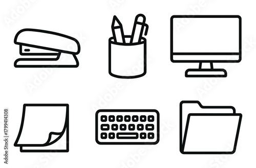 Office icon set with stapler, pencils, monitor, sticky notes, keyboard, and folder