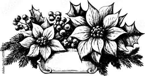 Flower and holly arrangement in a vintage style. Detailed vector illustration suitable for greeting cards or banners.