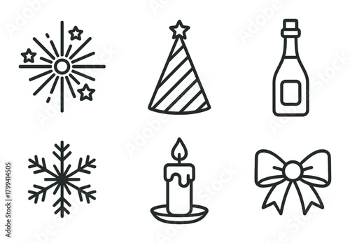 Celebration icons: firework, party hat, champagne, snowflake, candle, bow