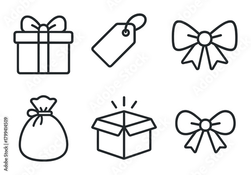 Gift icons set: present, tag, bow, bag, open box designs