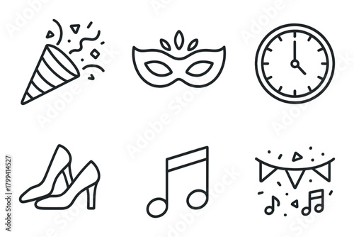 Party icon set: mask, clock, confetti, heels, music note, banner