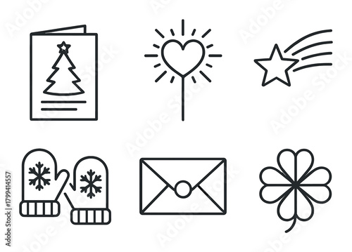 Outline symbols of holiday greetings and good luck with christmas tree and heart