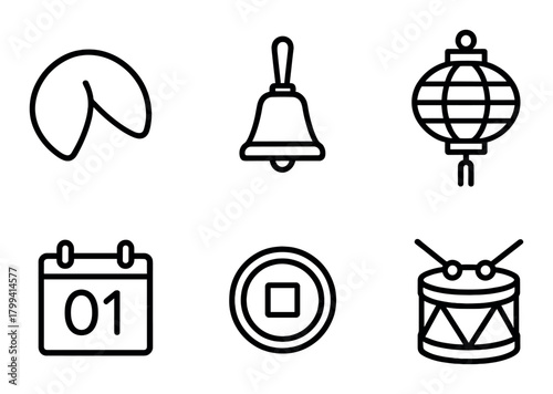 Asian cultural icons: fortune cookie, bell, lantern, calendar, coin, drum