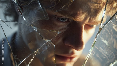 A close-up of a fair-haired person gazing with intense focus, reflected and distorted through shattered glass