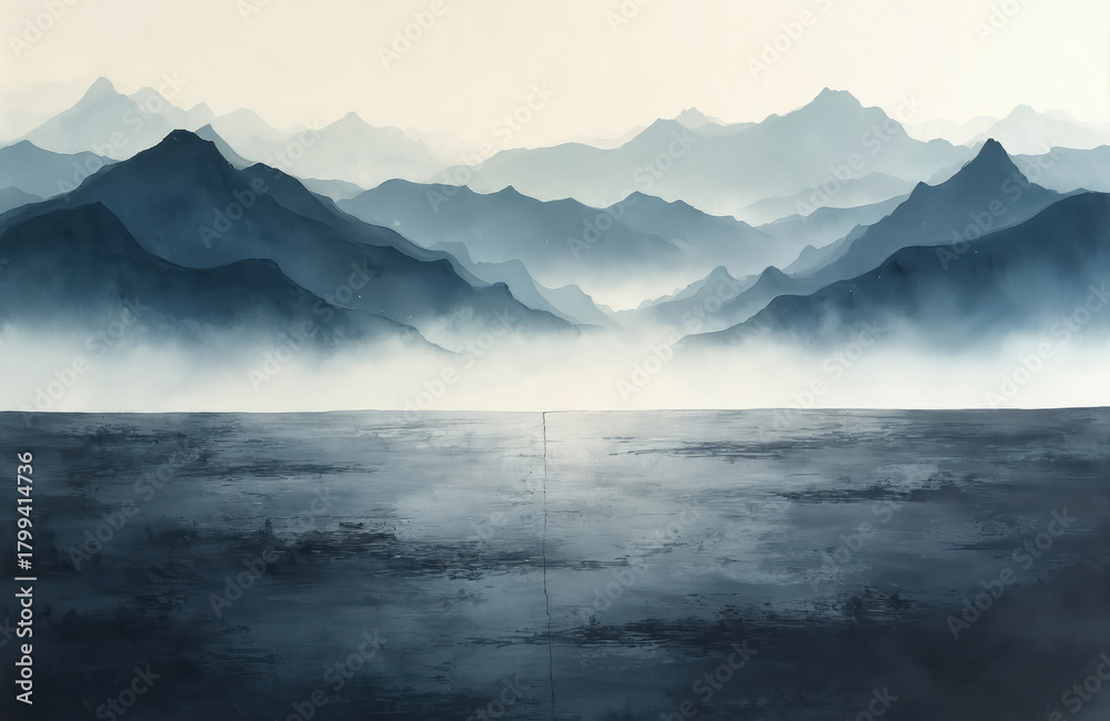 Obraz premium Misty blue mountains rise in layers above calm water. Traditional ink wash painting style creates serene atmosphere. Fog obscures distant peaks in this oriental landscape.