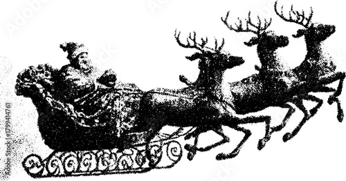 Sleigh drawn by four reindeer with Santa. Black and white vector illustration representing winter and holiday themes in a festive set.