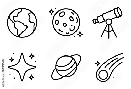 Space adventure icons: earth, moon, telescope, star, saturn, comet