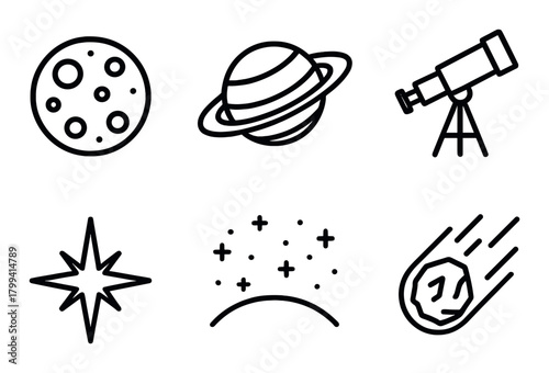 Space icons: moon, saturn, telescope, star, night sky, meteor