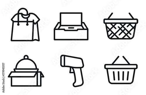Dark mode icons for shopping, office, and kitchen essentials