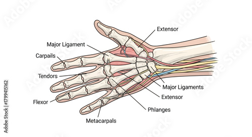 Detailed Anatomy of the Human Hand Bones, Ligaments, Tendons and Muscles Illustration