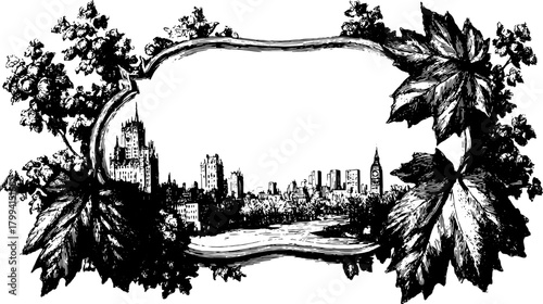 City skyline illustrated in vintage black and white style. Detailed decorative frame with leaves surrounds the scenic view. Vector illustration.