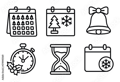 Christmas calendar icons: bell, tree, stopwatch, hourglass on dark background