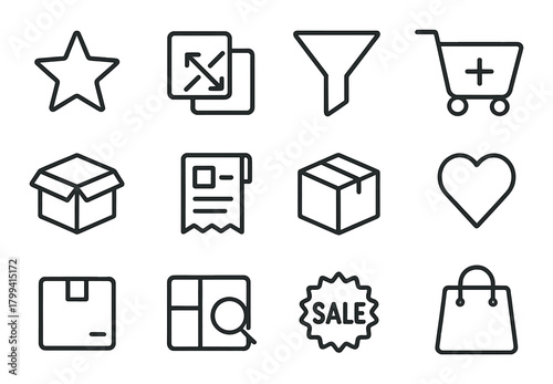 Essential shopping icons: cart, box, heart, filter, sale, star, bag